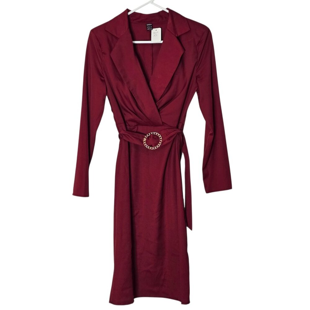 Shein Women's Dark Wine Red Faux Wrap Dress w. Gold Tone Buckle Belt Size XS